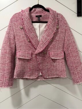 Aqua Womens Blazer Jacket Small Tweed Pink Double Breasted Frayed Hems Lined